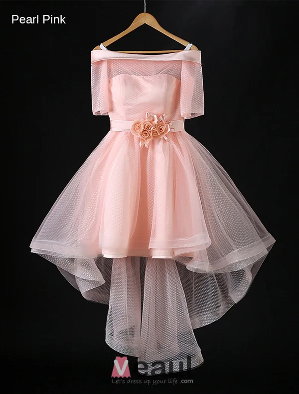 Beautiful Champagne Cocktail Dress Off The Shoulder Asymmetrical Party Dress With Sash Flowers
