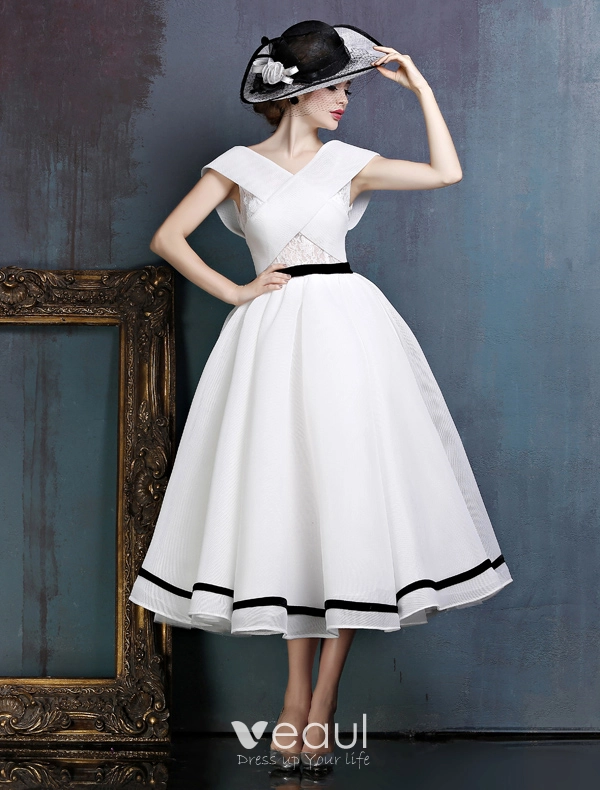 Vintage Simple White Prom Dress V neck Backless Party Dress With Bow Sash