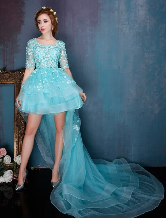 Beautiful Blue Cocktail Dress Flower Scoop Neckline Organza Party Dress With Long Tailing