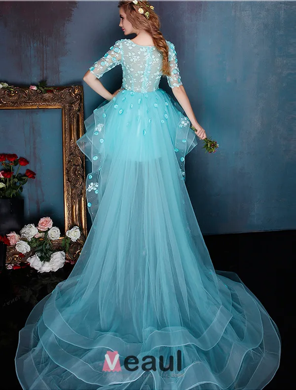 Beautiful Blue Cocktail Dress Flower Scoop Neckline Organza Party Dress With Long Tailing