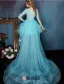 Beautiful Blue Cocktail Dress Flower Scoop Neckline Organza Party Dress With Long Tailing