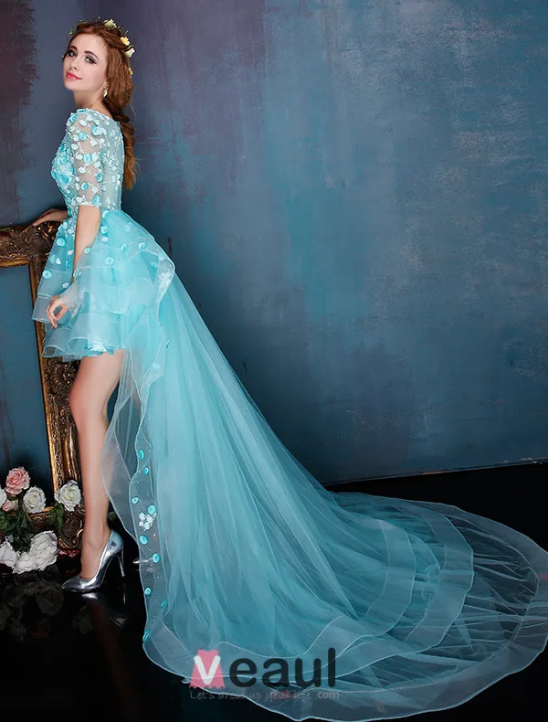 Beautiful Blue Cocktail Dress Flower Scoop Neckline Organza Party Dress With Long Tailing