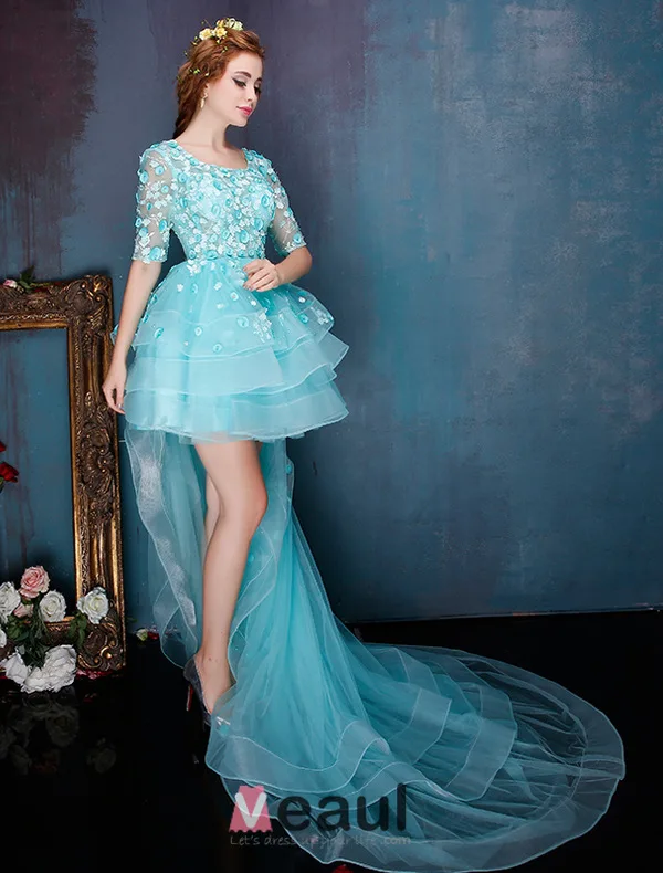 Beautiful Blue Cocktail Dress Flower Scoop Neckline Organza Party Dress With Long Tailing