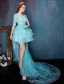 Beautiful Blue Cocktail Dress Flower Scoop Neckline Organza Party Dress With Long Tailing