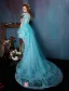 Beautiful Blue Cocktail Dress Flower Scoop Neckline Organza Party Dress With Long Tailing