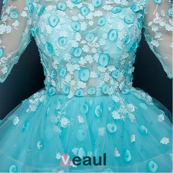 Beautiful Blue Cocktail Dress Flower Scoop Neckline Organza Party Dress With Long Tailing