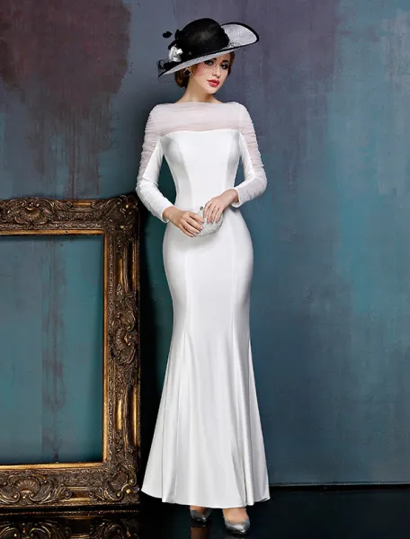 Einfachen Weißen Abendkleid Lang Satin Festliche Kleid Mit Rüschen Tüll