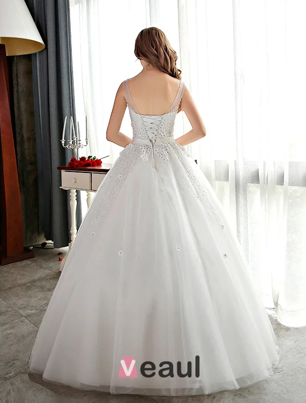 Sparkly White Wedding Dress Ball Gown Flower Bridal Dress With Rhinestone And Sequins