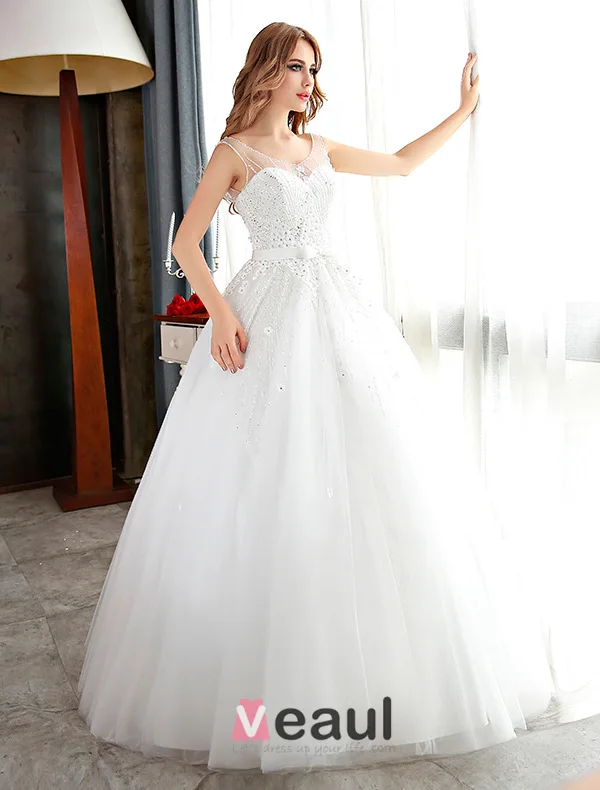 Sparkly White Wedding Dress Ball Gown Flower Bridal Dress With Rhinestone And Sequins