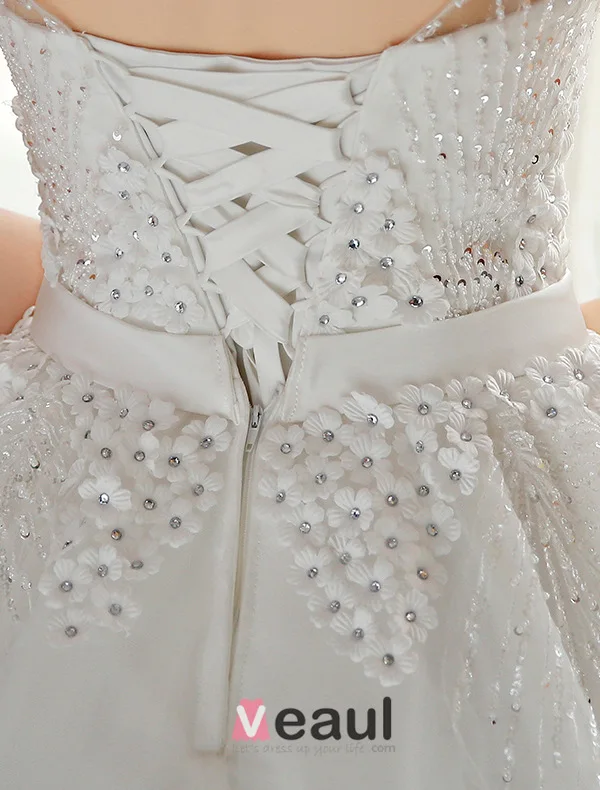 Sparkly White Wedding Dress Ball Gown Flower Bridal Dress With Rhinestone And Sequins