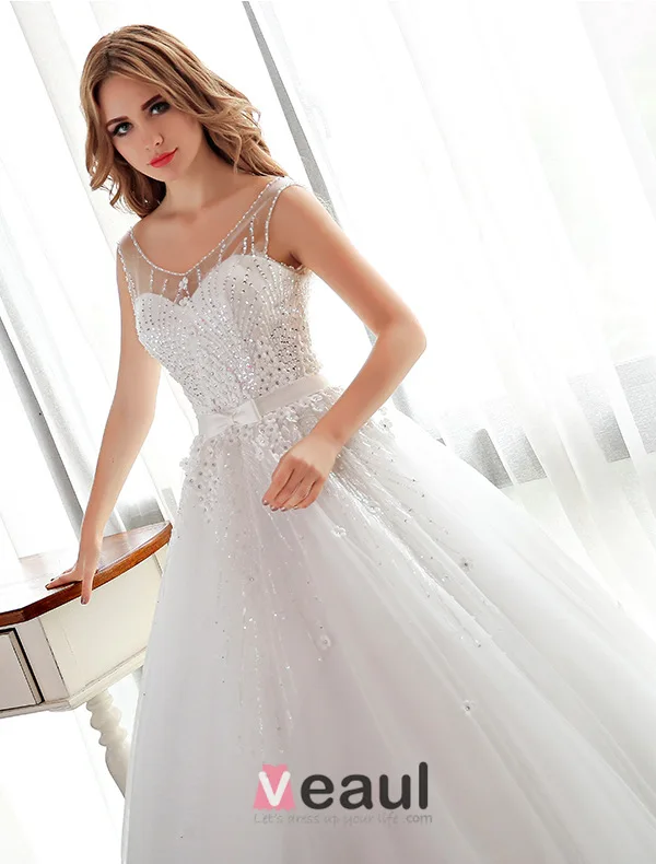 Sparkly White Wedding Dress Ball Gown Flower Bridal Dress With Rhinestone And Sequins