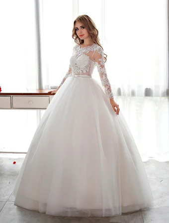 Élégant Robe De Mariée En Dentelle Encolure Dégagée Percé Robe De Bal Mariée Avec Ceinture
