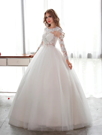 Elegant Lace Wedding Dress Scoop Neckline Pierced Bridal Ball Gown With Sash