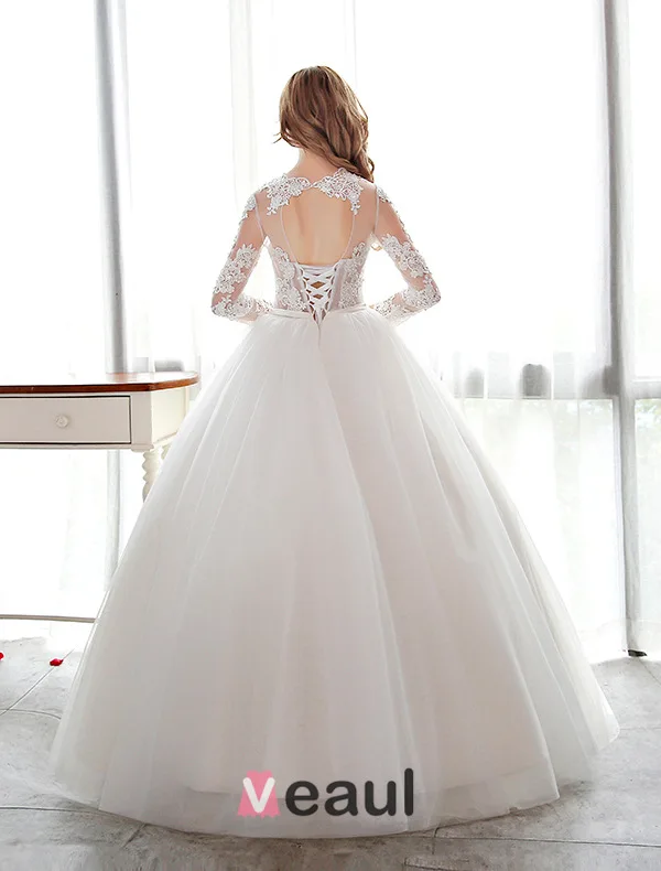 Elegant Lace Wedding Dress Scoop Neckline Pierced Bridal Ball Gown With Sash