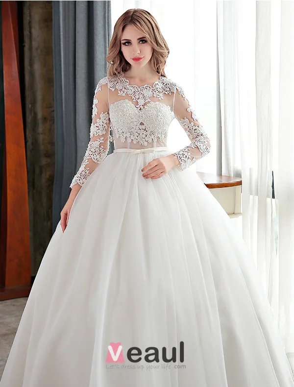 Elegant Lace Wedding Dress Scoop Neckline Pierced Bridal Ball Gown With Sash