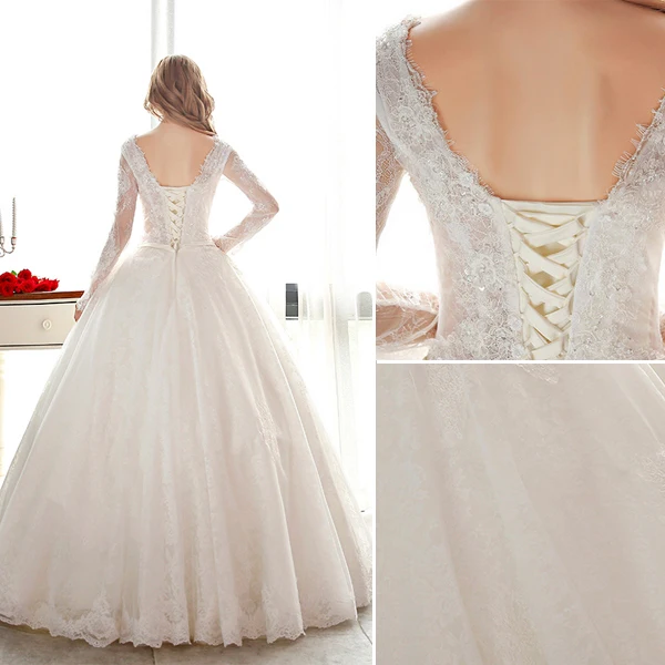 Luxury Ball Gown Wedding Dress V-neck Pierced Lace Bridal Dress With Sequins
