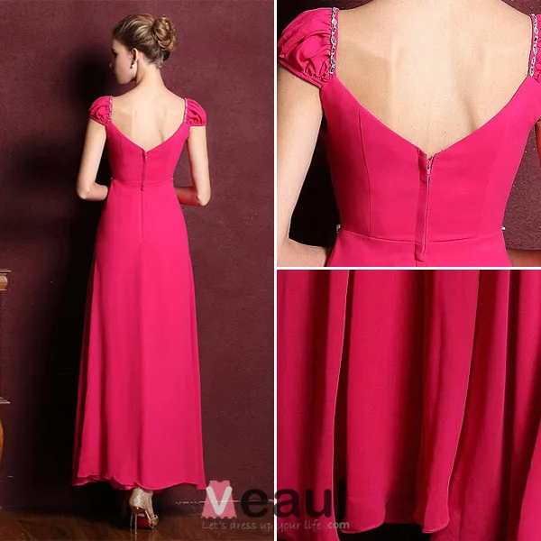 Princess Sleeves Beading Rhinestone Crystal Ruffle Chiffon Maxi Evening Dress