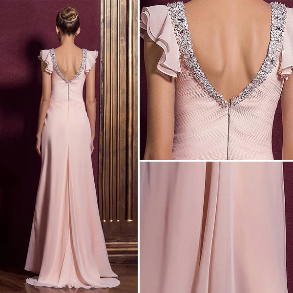 Elegant Deep V-neck Ruffle Pink Chiffon Maxi Evening Dress With Sequins