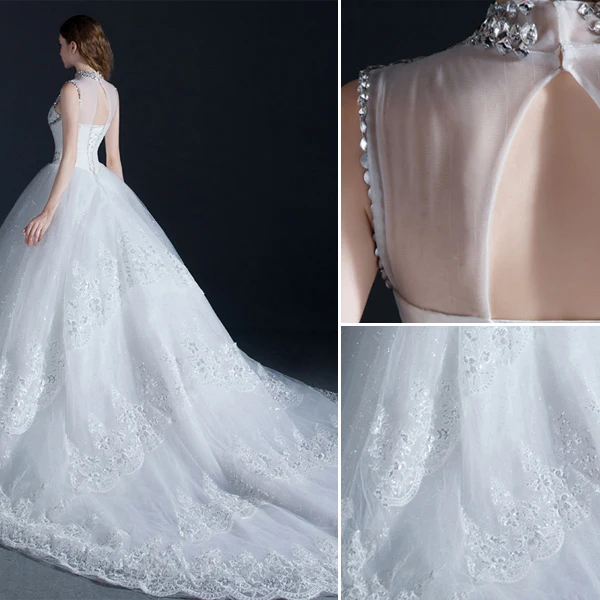 Luxury High Neck Beading Crystal Sequins Ruffle Organza Ball Gown Wedding Dress