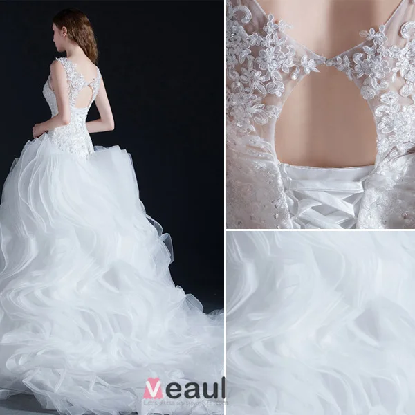 Ballkleid Scoop Hals Kaskadierung Rüsche Organza Brautkleid Mit Spitze