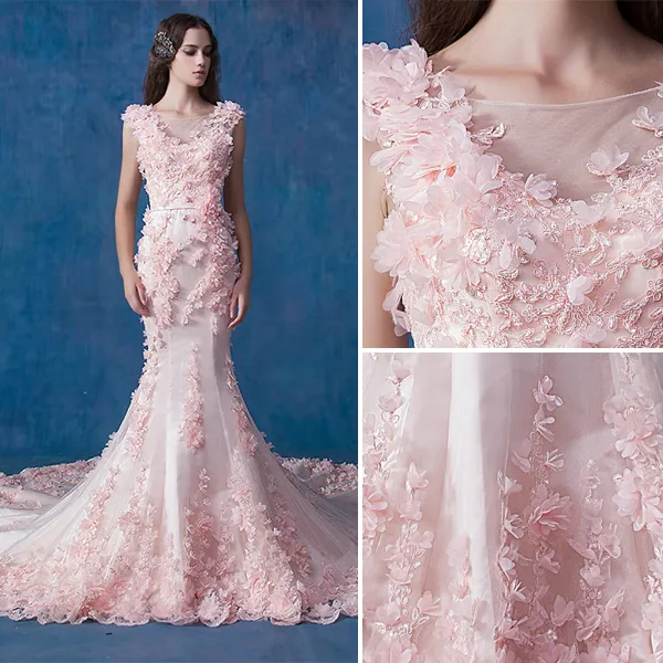 Blush Pink Lace Applique Backless Mermaid Wedding Dresses, AB1501
