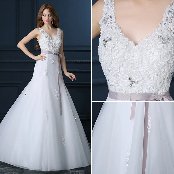 Beautiful A-line V-neck Wedding Dress Applique Lace Bridal Dress With Sash