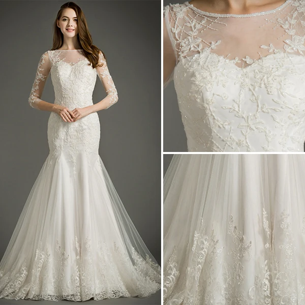 Sirène Encolure Carrée Manches 3/4 Robe De Mariée En Dentelle Appliques