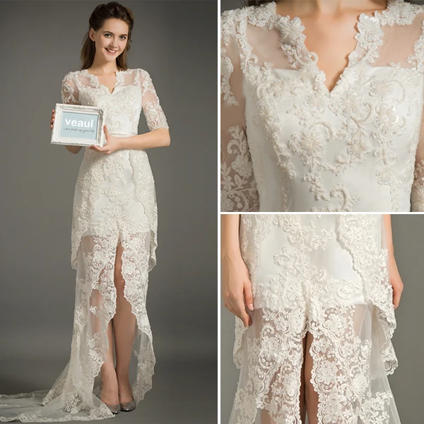 A-ligne De V-cou 1/2 Manches Robe De Mariée En Dentelle D'été Avec Ceinture