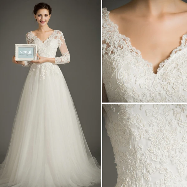 Elegant A-line V-neck 3/4 Sleeves Applique Lace Wedding Dress