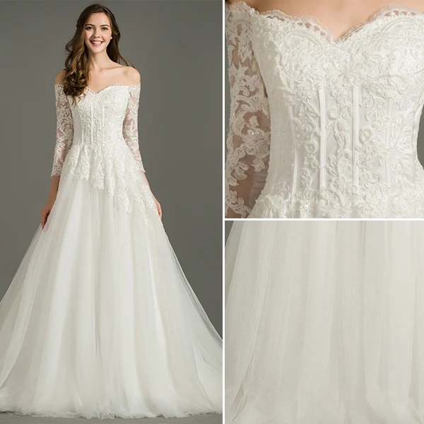 A-lijn Uit De Schouder Bruidsjurk Applique Kant Organza Backless Trouwjurken