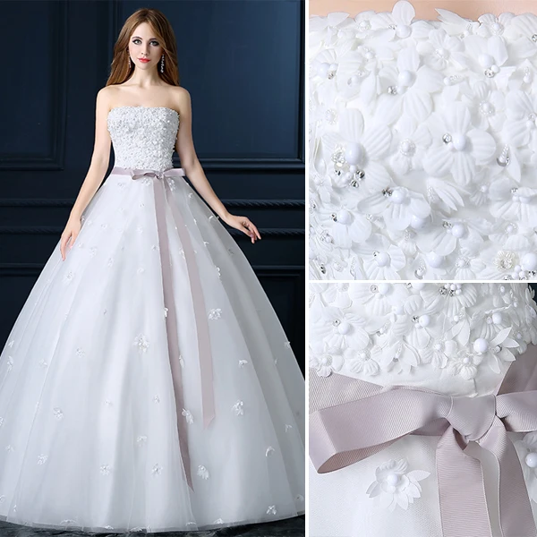 Belle Applique Bustier Robe De Mariée Blanche Avec Noeud Ceinture