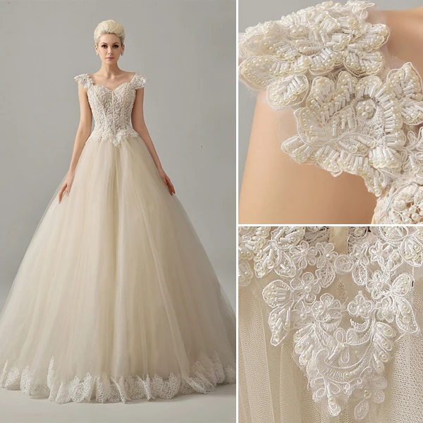 Luxury Square Neckline Beading Corset Ball Gown Champagne Organza Wedding Dress
