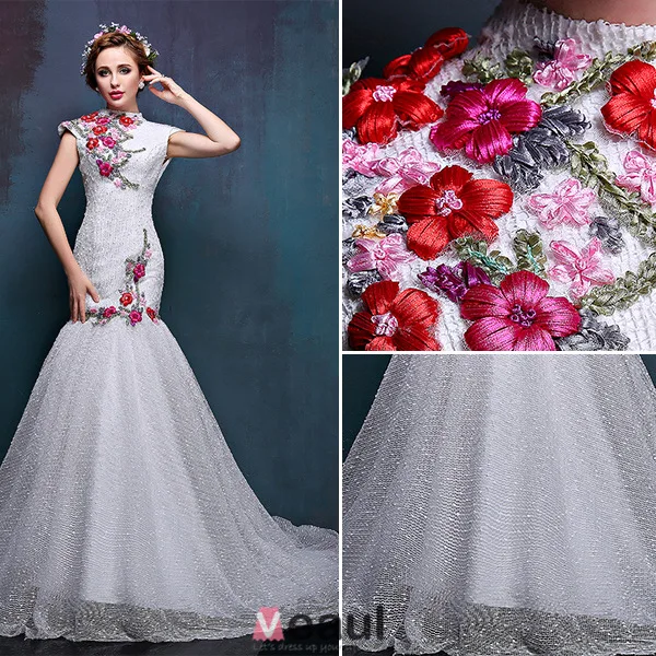 2016 High Neck Applique Colorful Flowers Improved Cheongsam Mermaid Wedding Dress