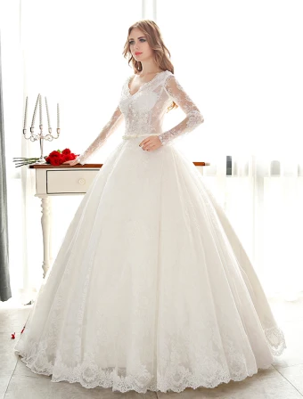 Luxury Ball Gown Wedding Dress V Neck Pierced Lace Bridal Dress With Sequins