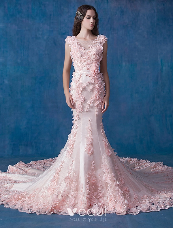 Beaded Light Pink Ruffled Royal Train Wedding Dress - Promfy