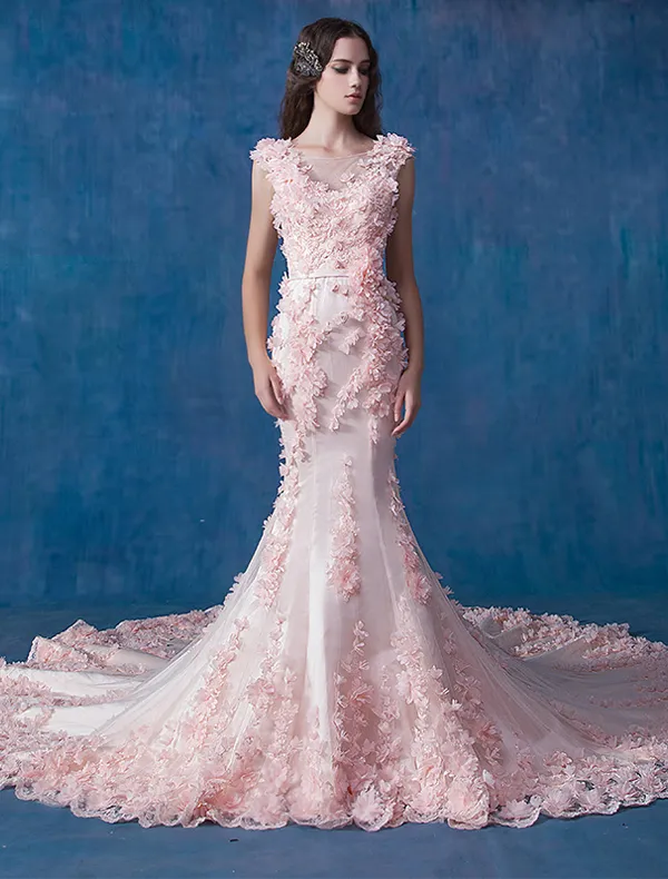 Glamorous Pink Wedding Dress Mermaid Organza Applique Flower Bridal Dress