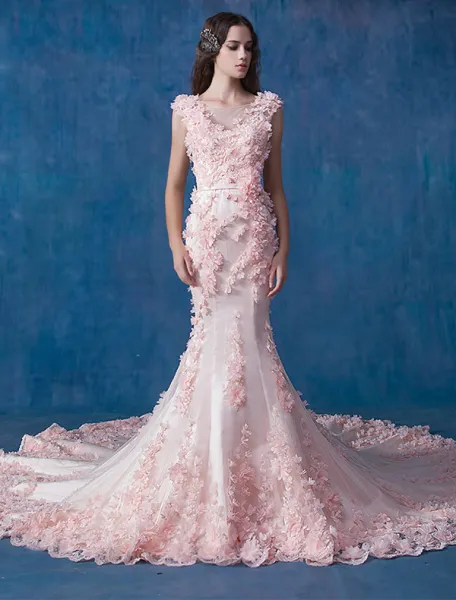 Glamour Robe De Mariée Sirène En Organza Rose Robe De Mariage Applique