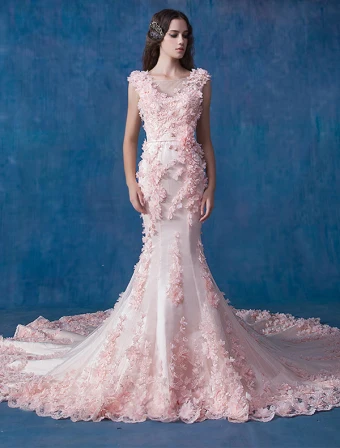 Glamorös Rosa Bröllopsklänning Sjöjungfru Organza Applique Brudklänningar