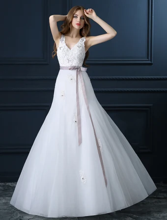 Beautiful A Line V Neck Wedding Dress Applique Lace Bridal Dress With Sash