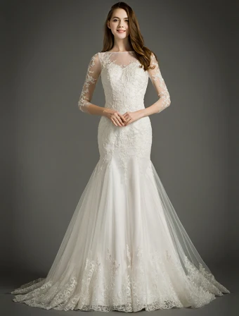 Sirène Encolure Carrée Manches 3 4 Robe De Mariée En Dentelle Appliques