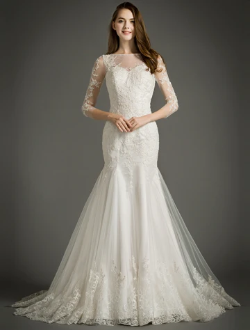 Sirène Encolure Carrée Manches 3 4 Robe De Mariée En Dentelle Appliques