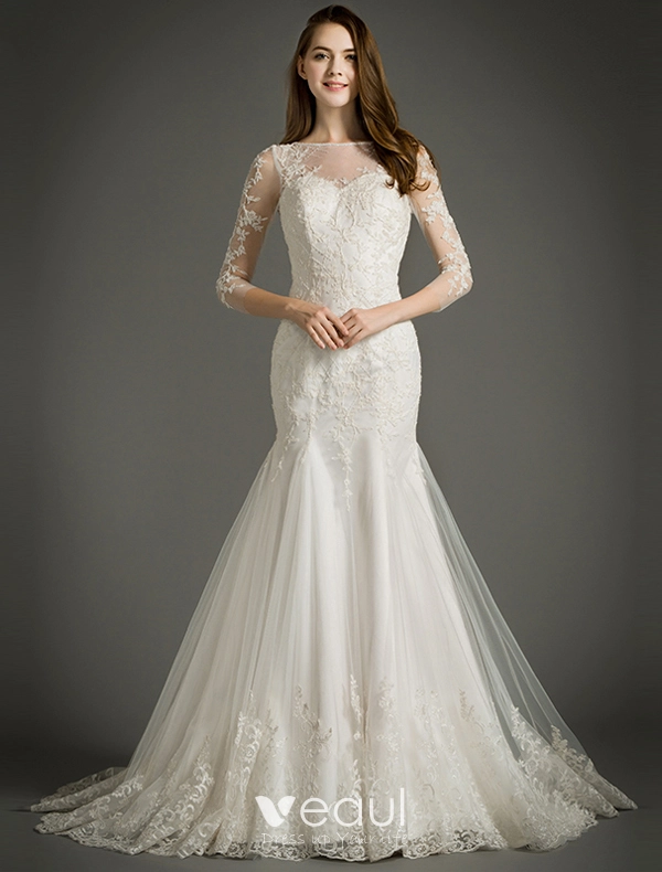 Mermaid Square Neckline 3/4 Sleeves Applique Lace Wedding Dress Mermaid Square Neckline 3/4 Sleeves Applique Lace Wedding Dress
