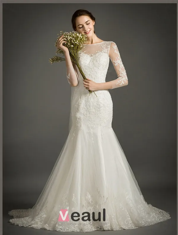 Sirène Encolure Carrée Manches 3/4 Robe De Mariée En Dentelle Appliques