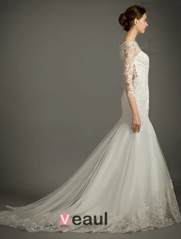 Sirène Encolure Carrée Manches 3/4 Robe De Mariée En Dentelle Appliques