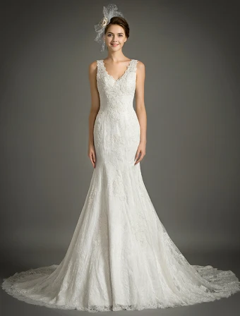 Sirène V Cou Élégant Appliques De Dentelle Robe De Mariée Dos Nu Avec Tailing