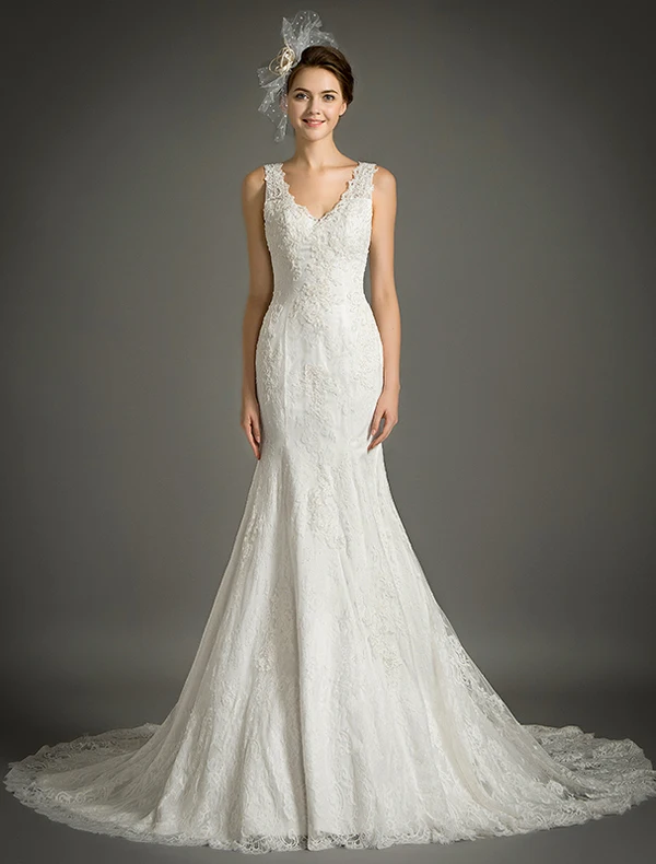Sirène V-cou Élégant Appliques De Dentelle Robe De Mariée Dos Nu Avec Tailing