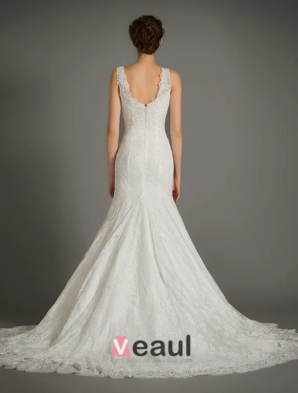 Sirène V-cou Élégant Appliques De Dentelle Robe De Mariée Dos Nu Avec Tailing
