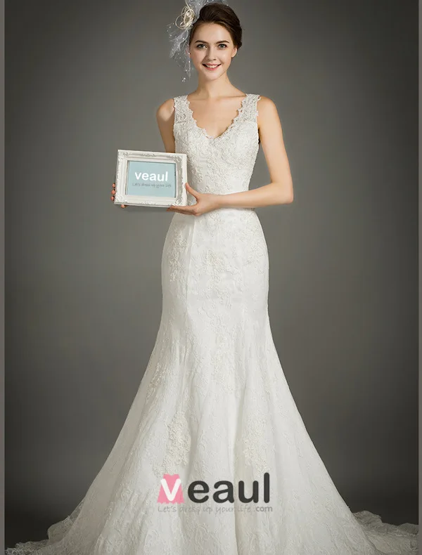 Sirène V-cou Élégant Appliques De Dentelle Robe De Mariée Dos Nu Avec Tailing