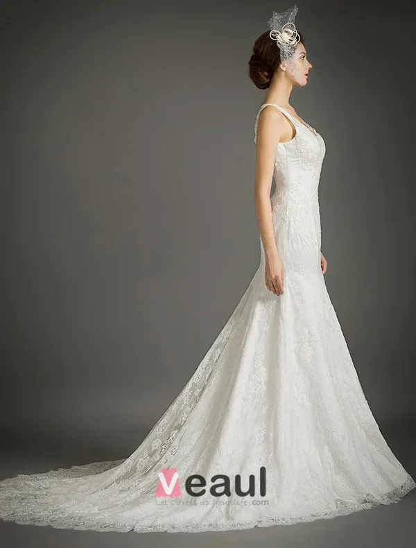 Sirène V-cou Élégant Appliques De Dentelle Robe De Mariée Dos Nu Avec Tailing