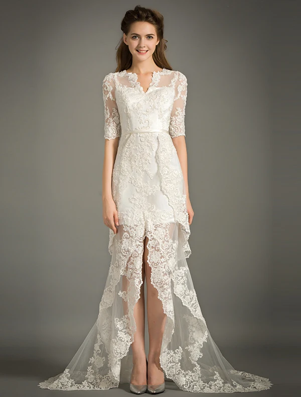 A-line V-neck 1/2 Sleeves Lace Summer Wedding Dress With Sash A-line V-neck 1/2 Sleeves Lace Summer Wedding Dress With Sash